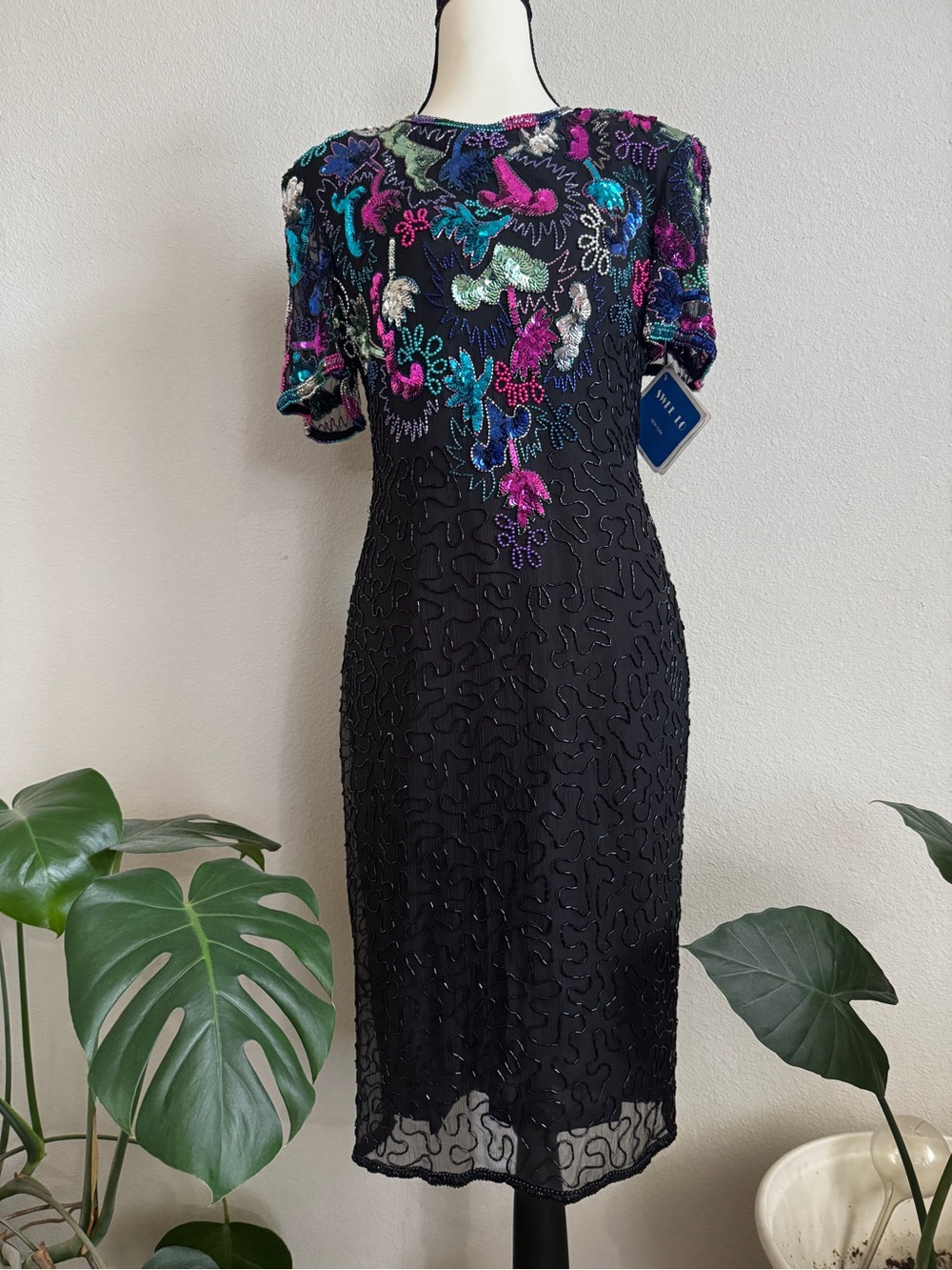 VTG Swee Lo Silk Beaded Sequin Dress Black Open Back Cocktail Party M 8-10 NWT